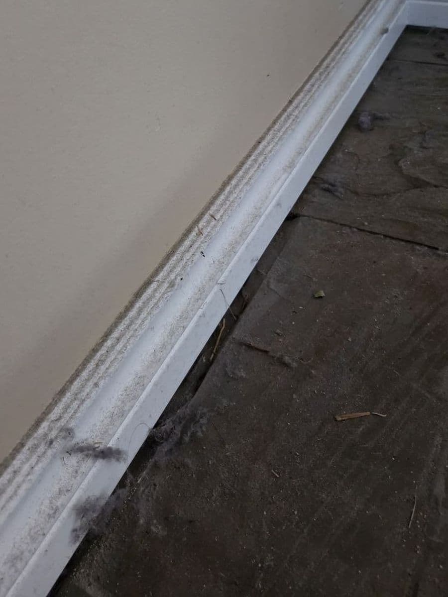 Tile floor, grout and baseboards before cleaning by Red Deer House Cleaning